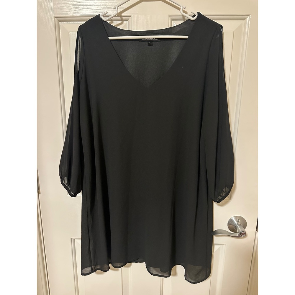 Lulus Dress Womens L Black Shift Mini Cold Shoulder V-Neck Long Sleeve Chiffon